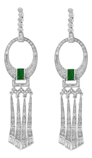 2 Carat Colombian Emerald Cut Emerald Diamond Drop / Cocktail Earrings Platinum