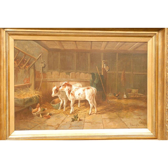 19th Century English 19th Century Oil on Canvas Farm Painting Depicting Calves and Chickens For Sale - Image 5 of 9