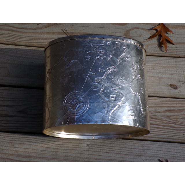 Art Deco Vintage Arthur Armour Hammered Aluminum Mariners World Map Trash Can Wastebasket For Sale - Image 3 of 13