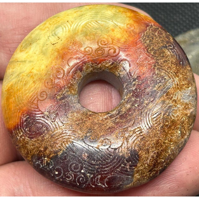 Chinese Trio of Finely Carved Chinese "Hongshan Style" Jade Bi Disc Pendants For Sale - Image 3 of 9