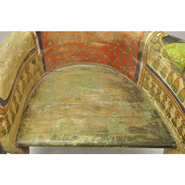 Late 20th Century Vintage Figural Primitive Solid Carved Wood Red & Green Horse Bench Seat Chair For Sale - Image 5 of 12