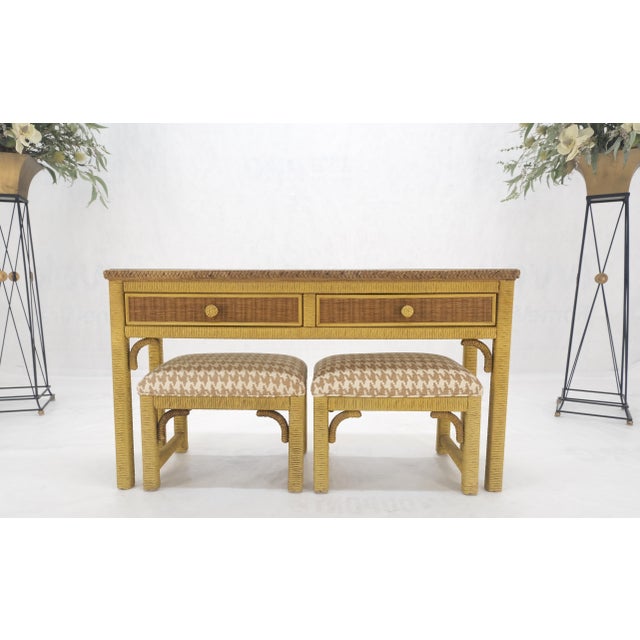 Brown Mid Century Modern Wicker Glass Top Consoel Table with Pair of Matching Benches - Set of 3 For Sale - Image 8 of 12