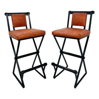 1970s Pair of Iron & Ostrich Leather Barstools in the Style of Cleo Baldon For Sale