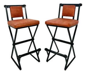 1970s Pair of Iron & Ostrich Leather Barstools in the Style of Cleo Baldon
