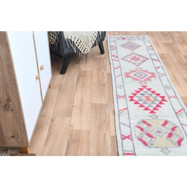 1970s Vintage Turkish Oushak White Runner with Colorful Motifs For Sale - Image 5 of 11