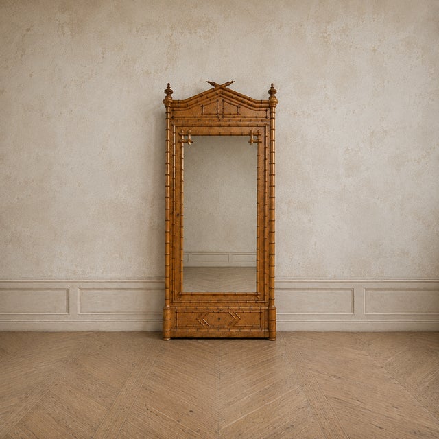 French Birds Eye Maple Faux Bamboo Mirrored Armoire, 1900 For Sale - Image 12 of 12