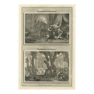 Pieter Mortier, Samson and Delilah and Samson Destroys the Temple of Dagon, Mortier , 1700, Engraving For Sale