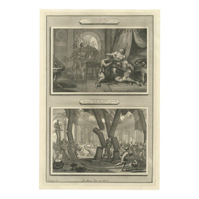 Pieter Mortier, Samson and Delilah and Samson Destroys the Temple of Dagon, Mortier , 1700, Engraving For Sale