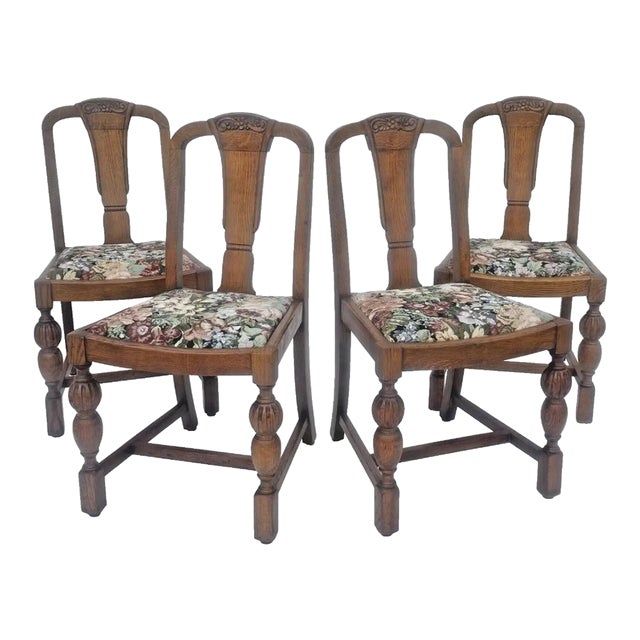 Antique 1920s Set of 4 Tiger Oak Dining / Kitchen Chairs English Jacobean Restored For Sale