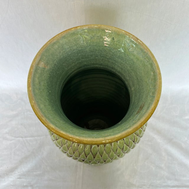 Green 1990s Italian Hand Painted Green/Honey Ceramic Tall Vase For Sale - Image 8 of 11