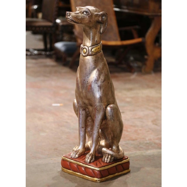 Vintage Italian Silvered Greyhound Dog Sculpture on Red Gilt Base For Sale - Image 4 of 11