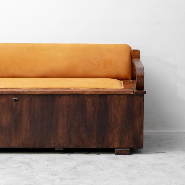 Wooden and Brown Leather Chest Bench, 1950s For Sale - Image 6 of 11
