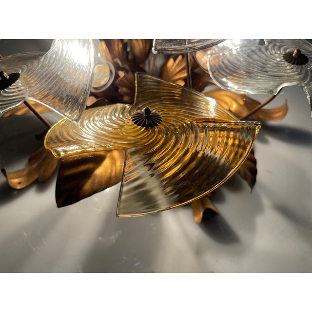 1970s Murano Glass Flower Flush Mount with Tole Gilt For Sale - Image 5 of 13