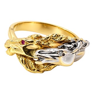 Late 20th Century Size 10 Estate 14k Two-Tone Gold Ruby & Diamond Double Horse Head Ring For Sale