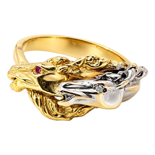 Late 20th Century Size 10 Estate 14k Two-Tone Gold Ruby & Diamond Double Horse Head Ring For Sale