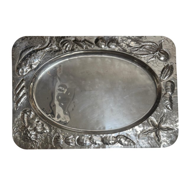 Italian Mid 20th Century Macer Italian Silver Lavorato a Mano Fish Seafood Platter For Sale - Image 3 of 8