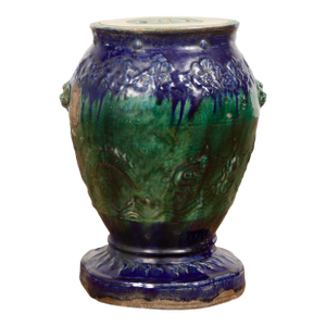 Antique Annamese Blue and Green Glazed Ceramic Garden Seat on Shaped Base