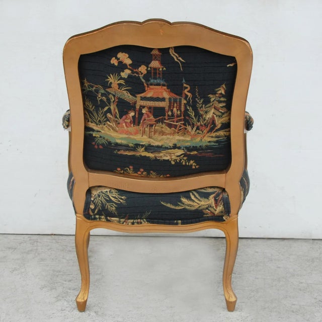 French Bergeres Carved Wood and Chinoiserie Print Armchair For Sale - Image 4 of 7