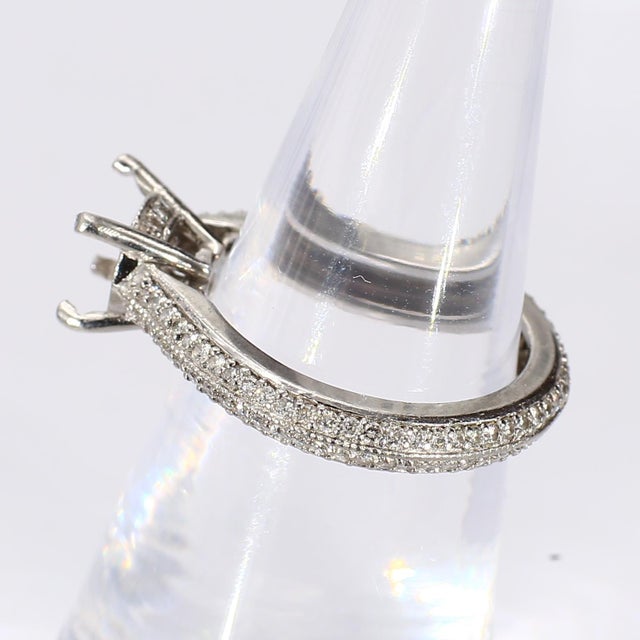 Platinum Pavé Diamond Eternity Engagement Ring Mounting for ~1ct Round - Size 5 For Sale - Image 4 of 5