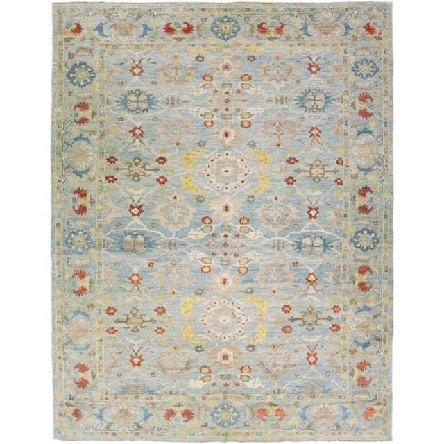 2010s Contemporary Sultanabad Light Blue Handmade Floral Motif Wool Rug For Sale - Image 9 of 9