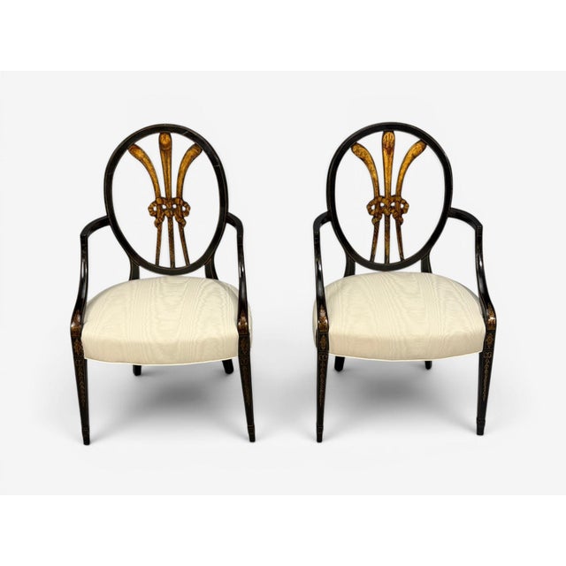 19th Century Neoclassical, Prince of Wales Armchairs, Ebonized Wood, Gilt, Silk, Usa, 19th C. For Sale - Image 5 of 18
