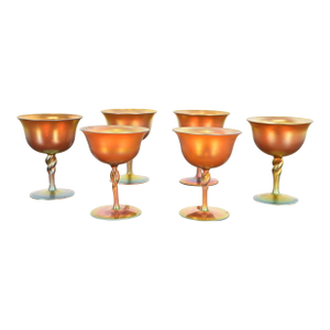 Early 20th Century Steuben Aurene Iridescent Art Glass Goblets - Set of Six