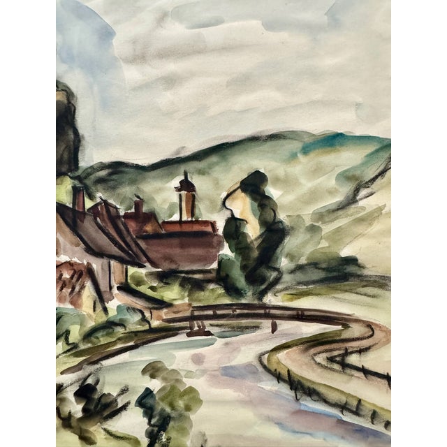 Rustic Henry Emil Salloch Original Watercolor on Paper European River Valley, 1935. For Sale - Image 3 of 6