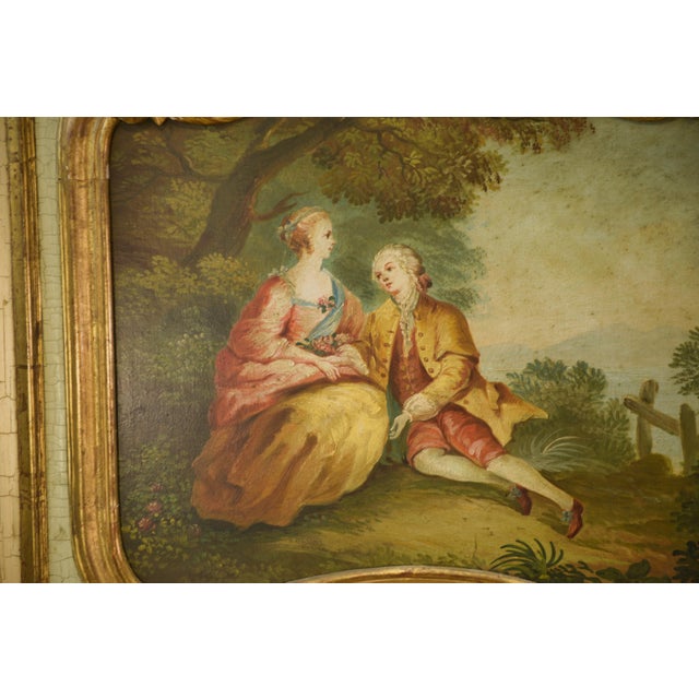 Wood Trumeau Mirror with Crackled Patina and Oil on Panel Depicting a 19th-Century Romantic Scene For Sale - Image 7 of 12