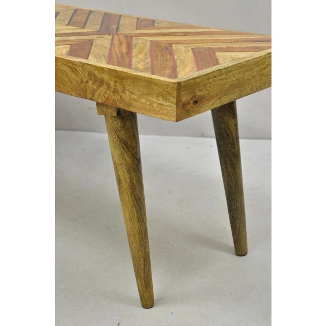 Modern Slatted Wood 48" Geometric Inlay Rustic Farmhouse Coffee Table Bench For Sale In Philadelphia - Image 6 of 11