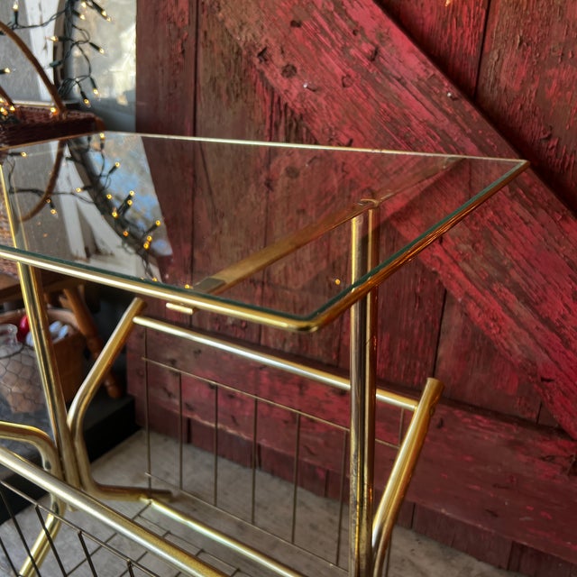 Brass Vintage Brass & Glass Magazine Rack With Tempered Glass Top Mid-Century Modern Style For Sale - Image 8 of 17