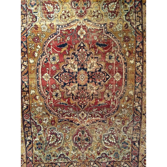 Art Nouveau 19Th Century Persian Kerman Lavar Rug, Handwoven Medallion Floral Pattern With Silk Highlights, Gold & Red, 4’ X 6’ For Sale - Image 3 of 8