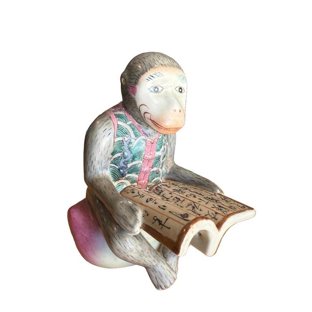 Chinese Vintage Chinese Porcelain Famille Rose Seated Reading Monkey 7” For Sale - Image 3 of 8