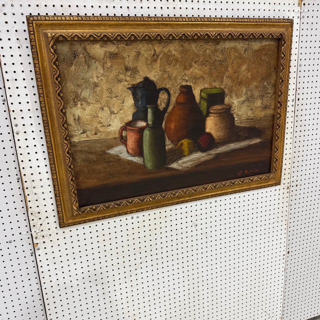 Wood Vintage Mid Century Italian Still Life Oil Painting Signed E. Romini Gold Frame For Sale - Image 7 of 8