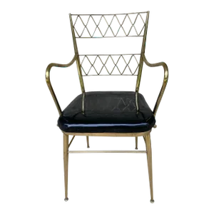 Brass Arm Chair With Black Patent Leather Seat