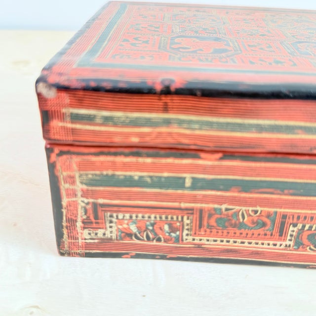 Chinoiserie Mid 20th Century Burmese Lacquerware Decorative Box, Hand-Painted Zodiac/Mythical Animal Motif For Sale - Image 3 of 6