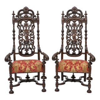 Spanish Renaissance Revival Style Carved Throne High Back Arm Chairs - a Pair For Sale