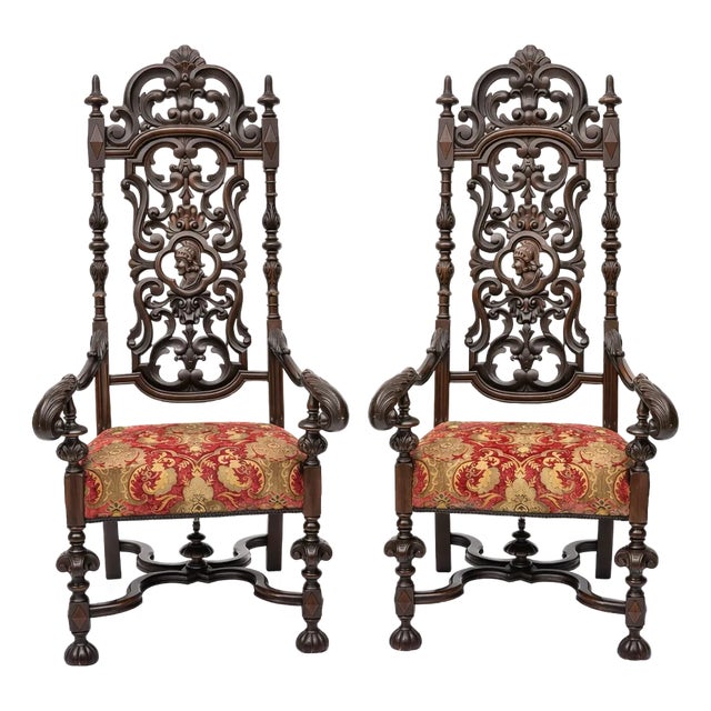 Spanish Renaissance Revival Style Carved Throne High Back Arm Chairs - a Pair For Sale