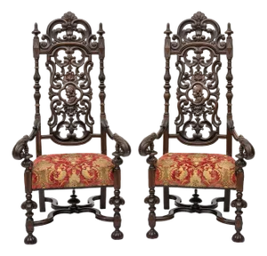 Spanish Renaissance Revival Style Carved Throne High Back Arm Chairs - a Pair