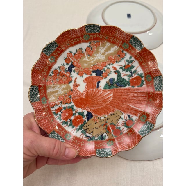 Persimmon Vintage Japanese Imari Arita Peacock Scalloped Porcelain Dinner & Salad Plates - 8 Pieces For Sale - Image 8 of 12