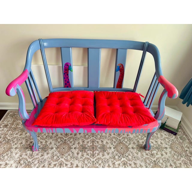 Sky Blue 1930s One of a Kind Hand Painted Contemporary Accent Loveseat For Sale - Image 8 of 17