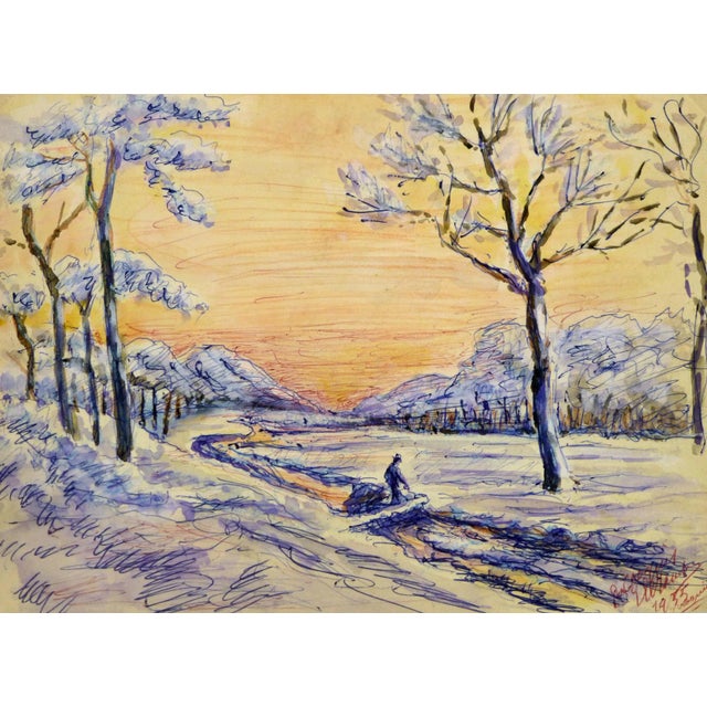 Snowy Winter Landscape With Lavender Snow Covered Trees and Coral Sky For Sale