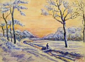 Snowy Winter Landscape With Lavender Snow Covered Trees and Coral Sky
