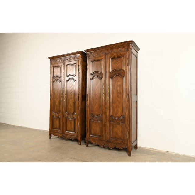 French Provincial Baker Furniture French Provincial Louis XV Carved Oak Armoire Dressers or Linen Presses, Pair For Sale - Image 3 of 18
