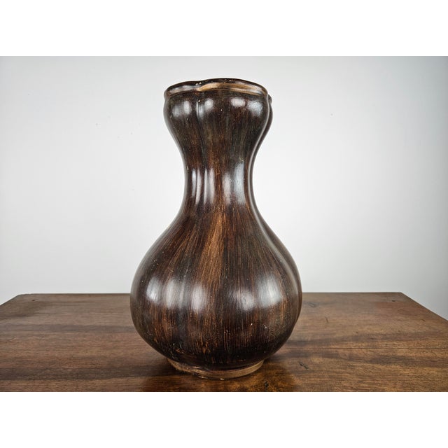 1990s Brown Ceramic Vase with Floral Decorations, 1990 For Sale - Image 5 of 17