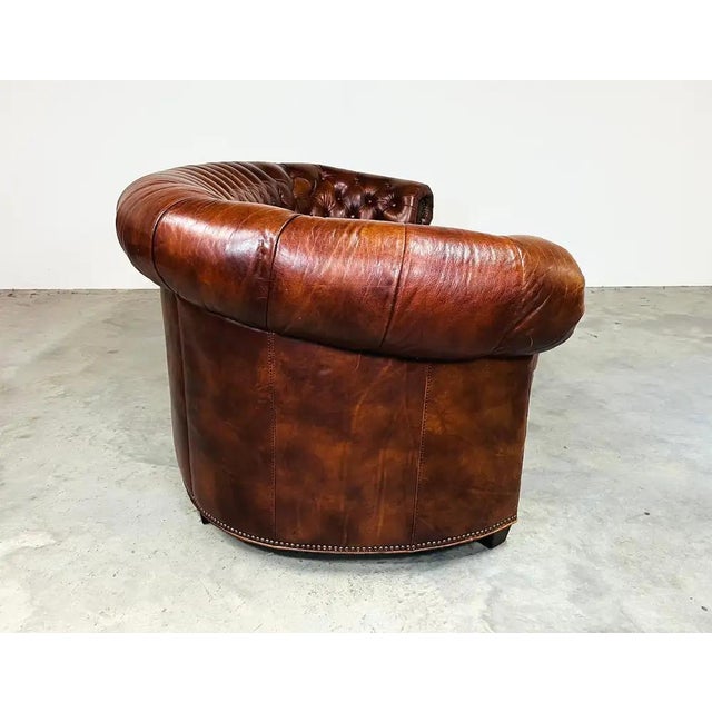 Wood 1990s Henredon Chesterfield Crescent Sofa, Brown Leather, Tufted For Sale - Image 7 of 9