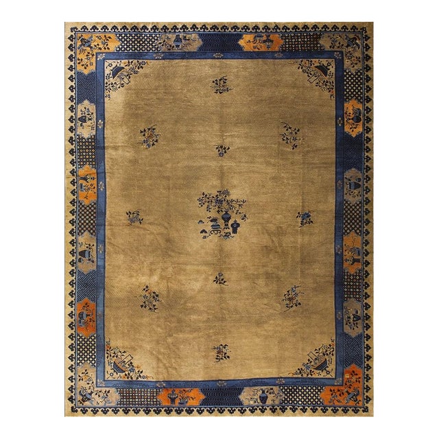 1920s Camel Classic Greek Key Art Deco Antique Peking Chinese Rug 10' 2"x 13' 6" For Sale