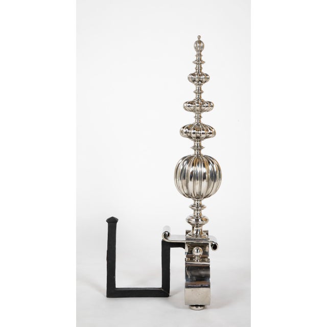 Metal Pair Dutch Baroque Style Polished Steel Andirons For Sale - Image 7 of 8