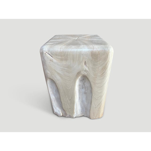 Beautiful reclaimed teak wood side table, hand carved whilst respecting the natural organic wood. Bleached to a bone...