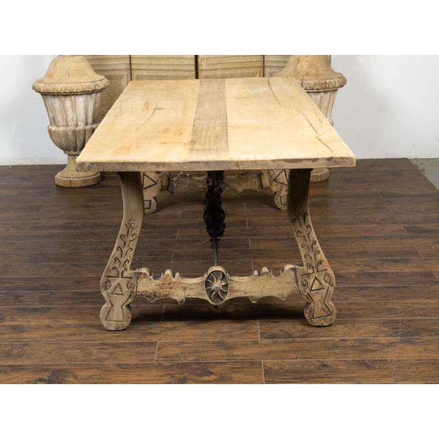 Cream Italian 19th Century Bleached Oak Farm Table with Baroque Style Carved Base For Sale - Image 8 of 12