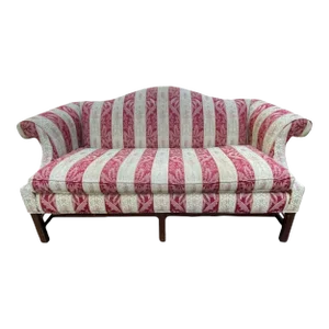 1990s Ethan Allen Camelback Striped Red & White Floral Sofa